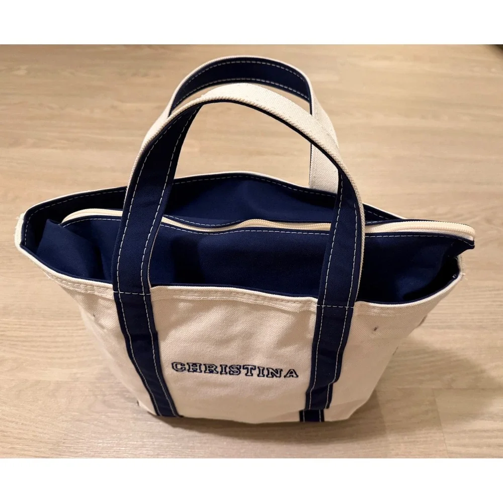 L.L.Bean Boat and Tote Canvas Cream Navy Zip Top Monogrammed Christina Preppy